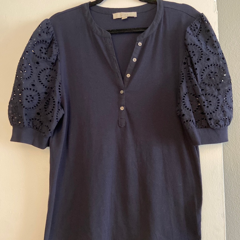 Loft Navy Ribbed Henley Eyelet Puff Short Sleeve Blouse